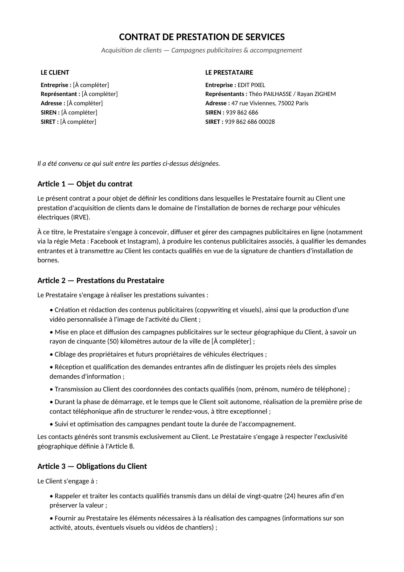 Contrat de prestation de services, page 1 sur 3