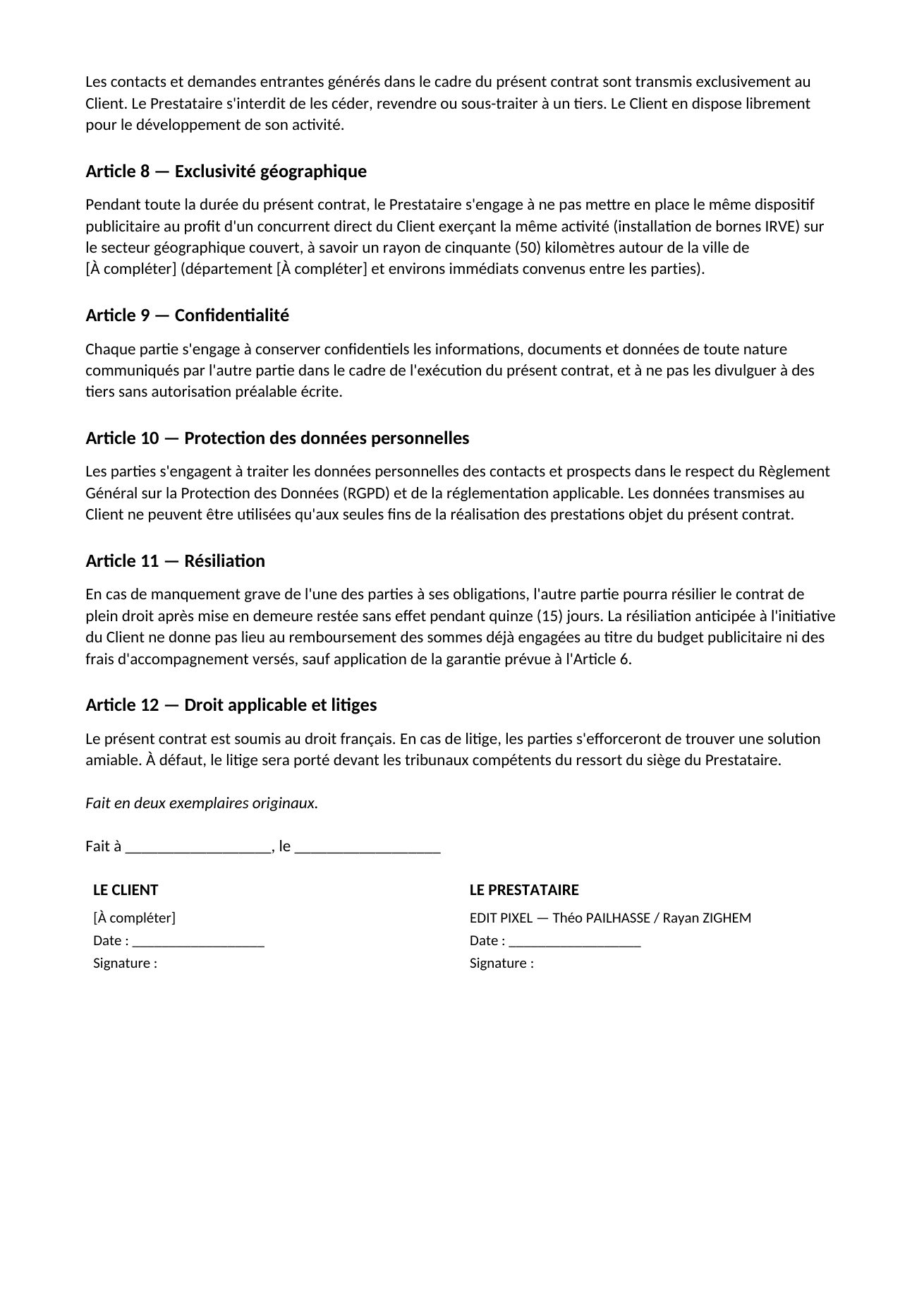 Contrat de prestation de services, page 3 sur 3